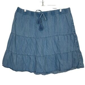 J. Jill Tencel Skirt Blue Tiered Denim Lyocell Boho Minimalist Casual LARGE